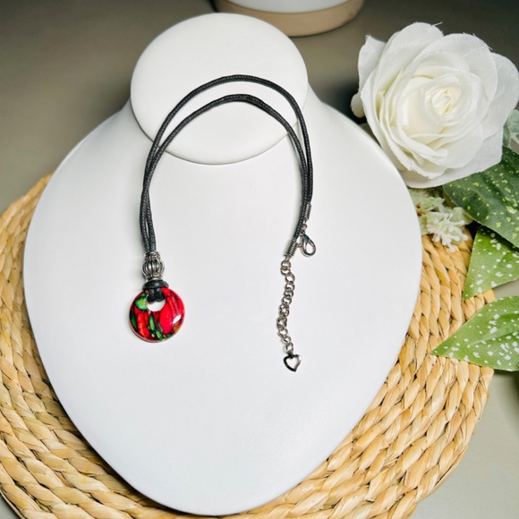 Artisan made Enameled Wooden Pendant Choker Necklace - Picture 3 of 9